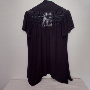 Dress Barn Black lace open front cardigan with short sleeves.